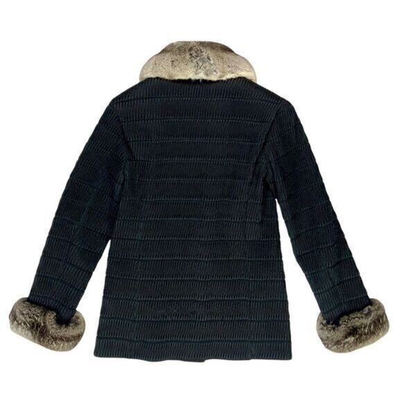 Grandi Faux Fur Trim Coat Women M Black Ribbed Classic Vintage 60s Luxury Jacket - Picture 6 of 16